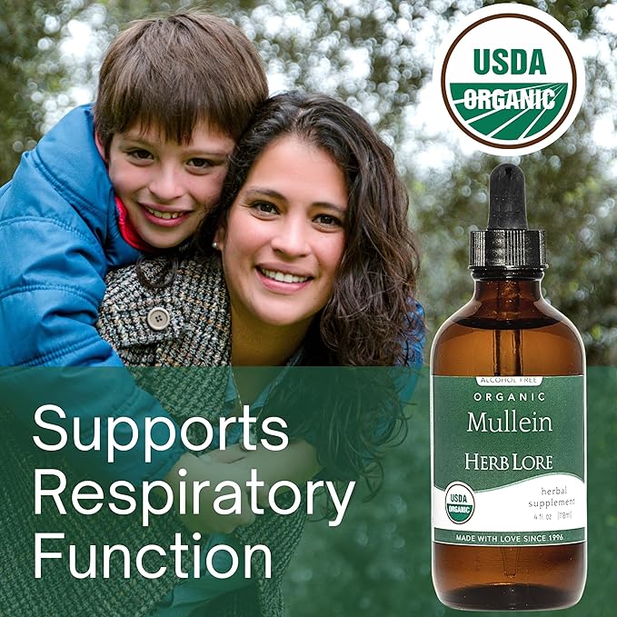 Herb Lore Organic Mullein Tincture Drops - Mullein Leaf Extract for Lungs - Safe for Kids - Alcohol Free (4 fl oz)