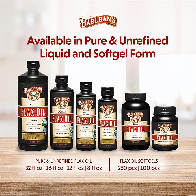 Barlean's Flaxseed Oil Softgels, Cold-Pressed Flax Seed Supplement with 1,650 mg ALA Omega-3 Fatty Acids, 1000mg, 250 ct