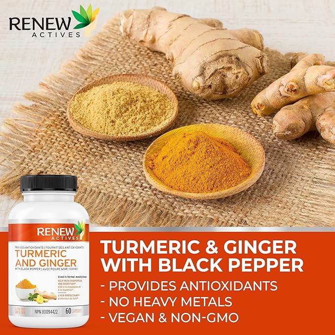 Renew Actives Turmeric Curcumin 1000MG & 200MG Ginger per 2 Capsules - Potent Antioxidant with Bioperine & Black Pepper Blend for Digestive & Liver Health - Made in Canada - 60 Capsules