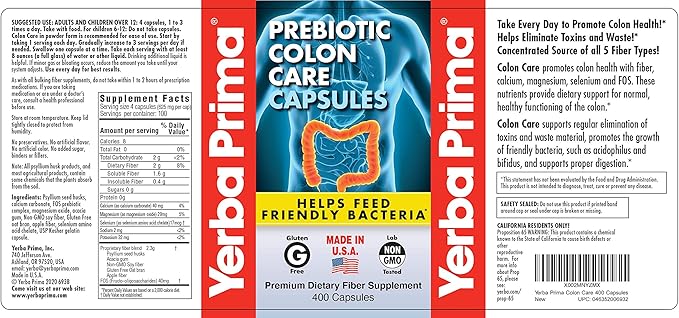 Yerba Prima Prebiotic Colon Care Capsules, 400 Caps - Five Forms of Fiber Plus FOS Pre-biotics - Dietary Health Supplement - Healthy Soluble & Insoluble Fibers for Regularity & Digestive Support