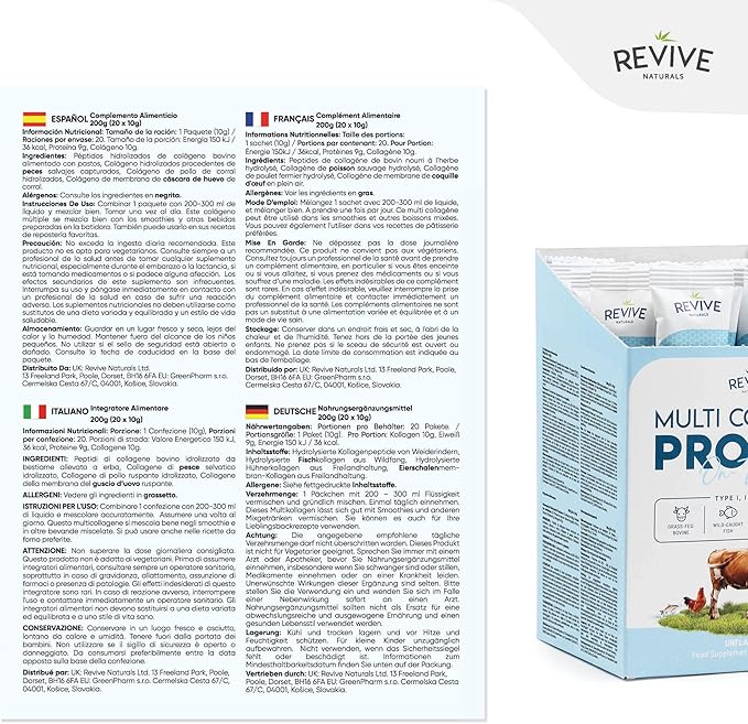 Multi Collagen Protein Powder Packets - Types I, II, III, V & X - Hydrolyzed Grass Fed Bovine, Wild Caught Fish, & Free-Range Chicken & Eggshell Collagen. Non-GMO, Halal, (10g Each, 20 Packets)