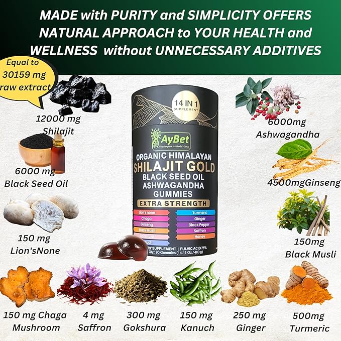 Organic Pure Himalayan Shilajit Gold Gummies for Men and Women, Black Seed Oil, Ashwagandha, Ginseng, Turmeric, Gokshura, Lion's None, Lab Tested,%75 Fulvic Acid, No Sugar Added, Halal, 90Gummy