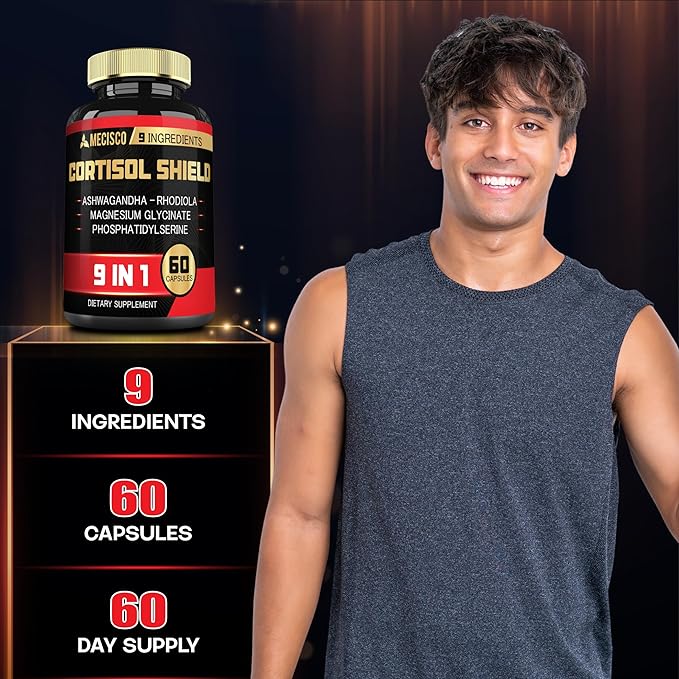 9in1 Cortisol Shield - Ashwagandha & Magnesium Glycinate, Rhodiola, Phosphatidylserine, L-Theanine, Licorice Root, St. John's Wort, Lions Mane - Mind & Mood, Restful Night Support - 60 Capsules