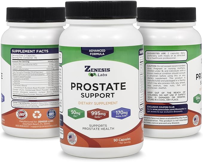 Zenesis Labs Prostate Health with Saw Palmetto - 270 Capsules - Also with Zinc, Copper, Pumpkin Seed, Burdock Root, Amino Acids, & Other Extracts - 135 Day Supply (90 Capsules/Bottle)