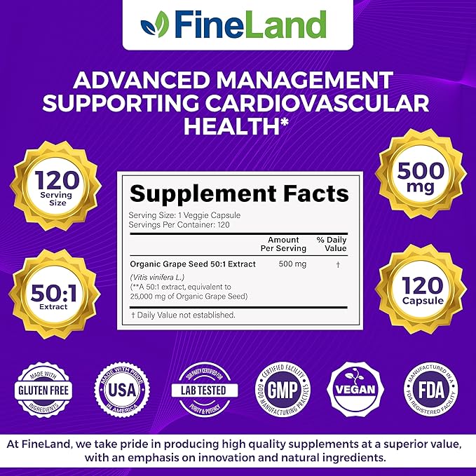 FineLand Grape Seed 50:1 Extract, Premium Max Strength, 25,000 mg Eq., Antioxidant Powerhouse, Heart Support, Immune Support, Grape Seed Extract Capsules 120, 4 Month Supply, 100% Vegan, All Natural