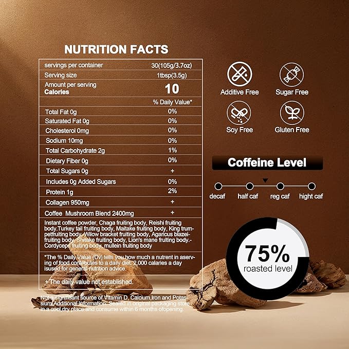 SUNDAFONE Mushroom Coffee, with Grass Fed Collagen, Mullein, Lion's Mane, Reishi for Focus, Immunity, Memory, Clarity, Breathing, Skin Hair Support, 12 Adaptogenic Instant Collagen Slim Coffee