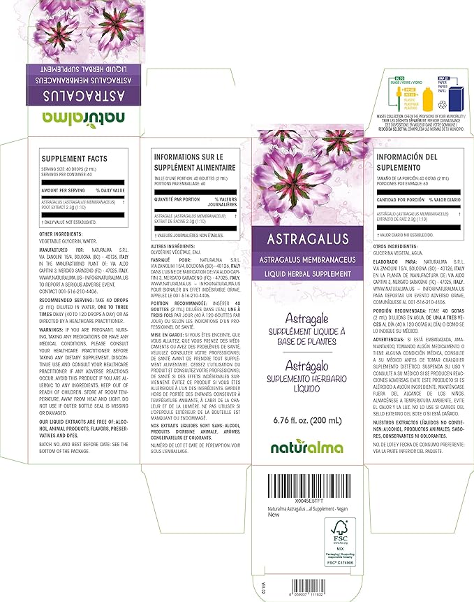 Naturalma Astragalus (Astragalus membranaceus) Root Alcohol-Free Tincture - 6.76 fl oz Liquid Extract in Drops - Herbal Supplement - Vegan