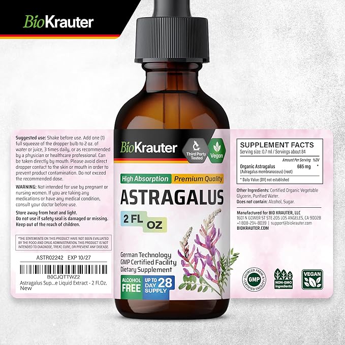BIO KRAUTER Astragalus Tincture - Astragalus Root Liquid Extract for Immune Support - Alcohol and Sugar Free - High Absorption - Vegan Drops 2 Fl.Oz.