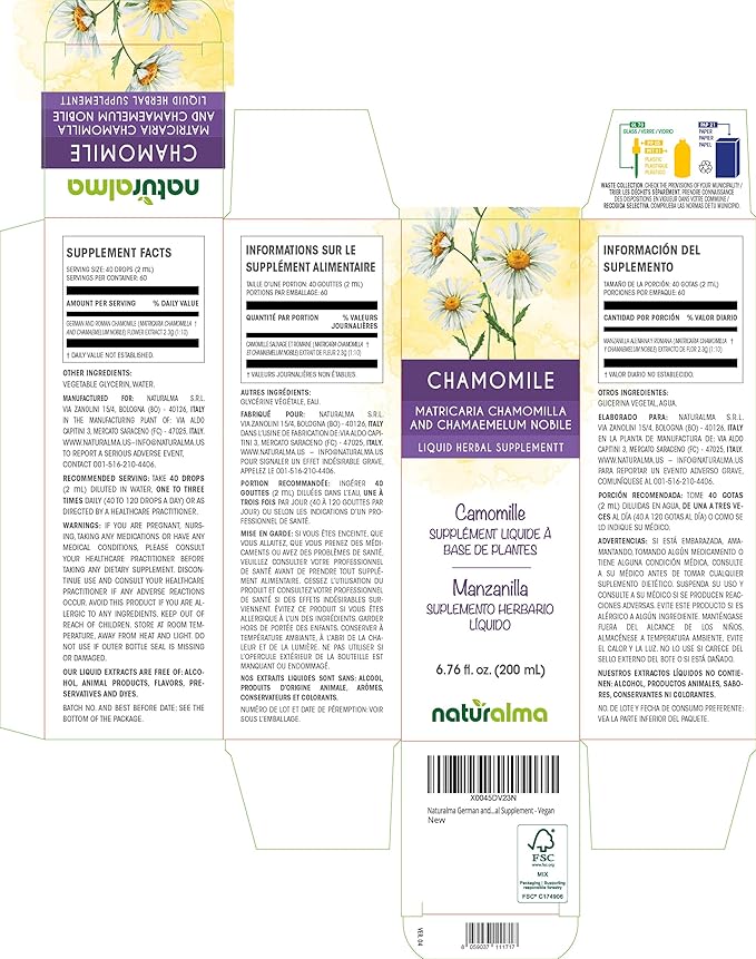 Naturalma German and Roman Chamomile (Matricaria chamomilla and Chamaemelum nobile) Flower Alcohol-Free Tincture - 6.76 fl oz Liquid Extract in Drops - Herbal Supplement - Vegan