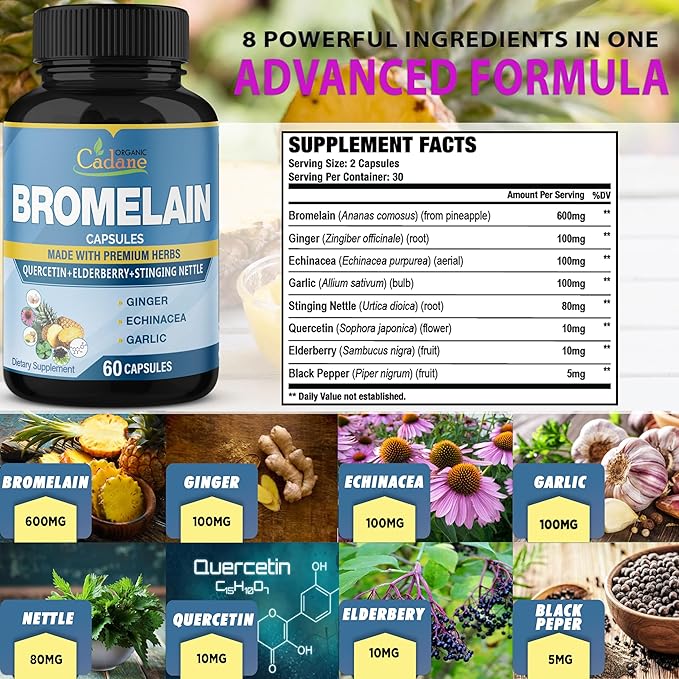 Organic Cadane 2 Packs 60caps of Bromelain Supplement Capsules, with Quercetin, Elderberry, Ginger, Echinacea, Garlic, Black Pepper, 2 Months Supply