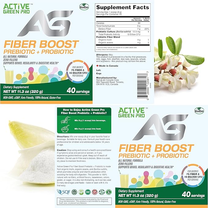 Fibre Boost Prebiotic + Probiotic - Organic - Enzyme & Vitamin Production - Supports Bowel Regularity - Digestive Health - Unflavoured - Gluten Free - Sugar Free - 320g/40 Servings