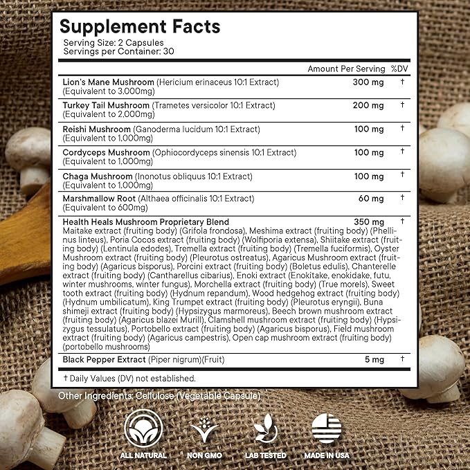 Mushroom Supplement with Lion's Mane Turkey Tail Reishi Cordyceps Chaga Marshmallow Root - 60 Count
