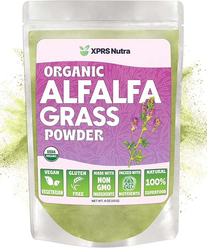 XPRS Nutra Organic Alfalfa Powder - Premium Vegan Alfalfa Supplement Rich in Calcium, Antioxidants, Vitamins - Farmer Alfalfa Supplement for Kids and Adults - Vegan Friendly Alfalfa Leaf (4 Ounce)