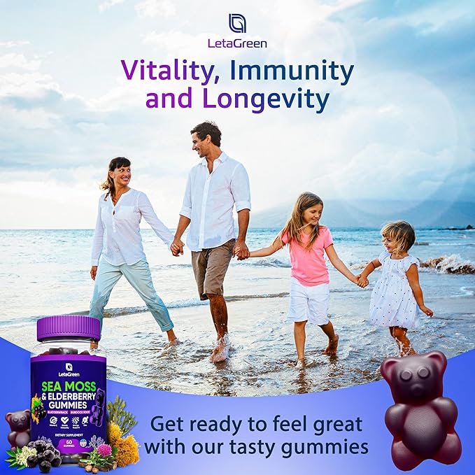 Irish Sea Moss Gummies – Sea Moss Bladderwrack Burdock Elderberry – 60 Vegan Seamoss Bears – Elderberry Gummies for Kids & Adults with Vitamin C & Zinc (Pack of 2)