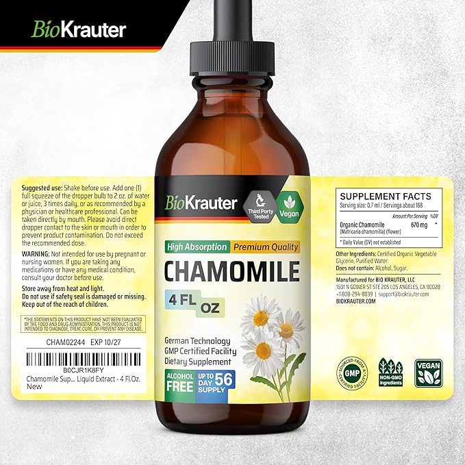 BIO KRAUTER Chamomile Tincture - Chamomile Extract - Supplement for Relaxation and Calmness Support - Alcohol and Sugar Free - Vegan Drops 4 Fl.Oz.