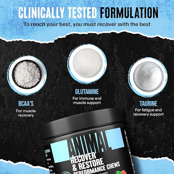 Animal Recovery Chews, Fast Acting Recovery with BCAA, Taurine and Glutamine for Muscle Repair and Hydration - Convenient and Delicious Chews Format