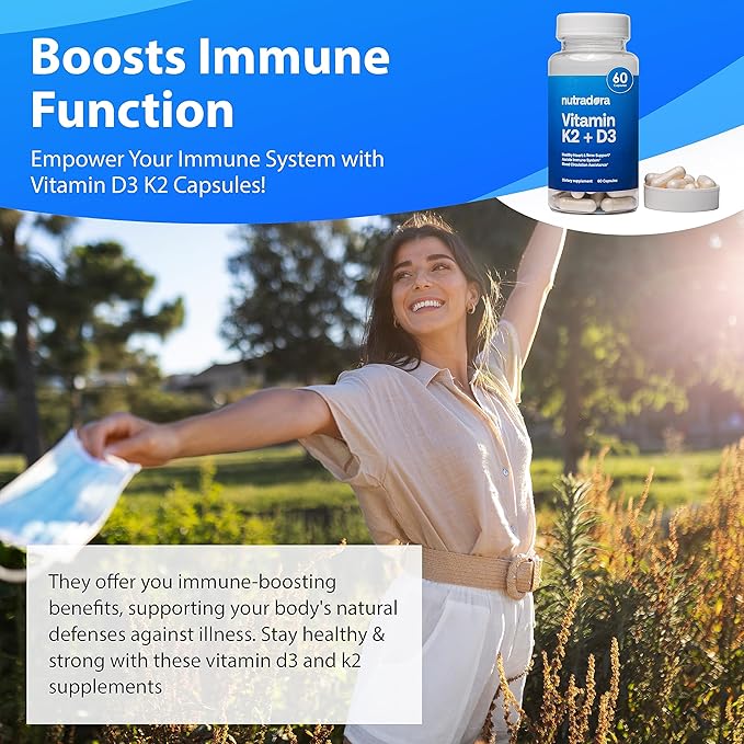 Vitamin D3 K2 Capsules for Men and Women - K2 D3 Vitamin Supplement for Healthy Heart and Bone Support, Immune System & Blood Circulation Assistance, Formulated in USA, 60 Veggie Capsules