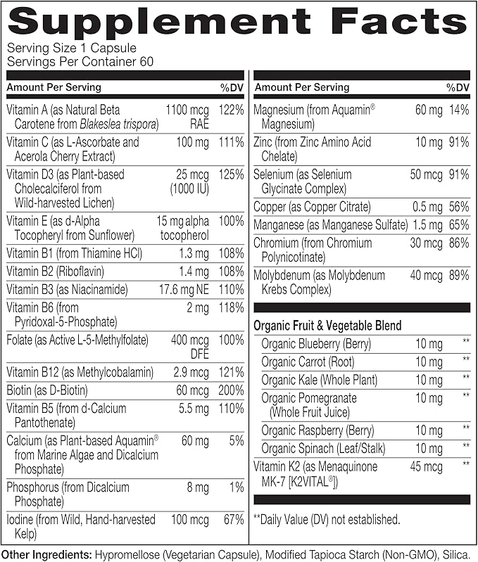 NATURELO Mens Multivitamins for Men 50+ - One Daily Multivitamin for Men with Vitamins, Minerals & Organic Whole Foods, Boost Energy & Health, Non-GMO, 60 Vegetarian Capsules