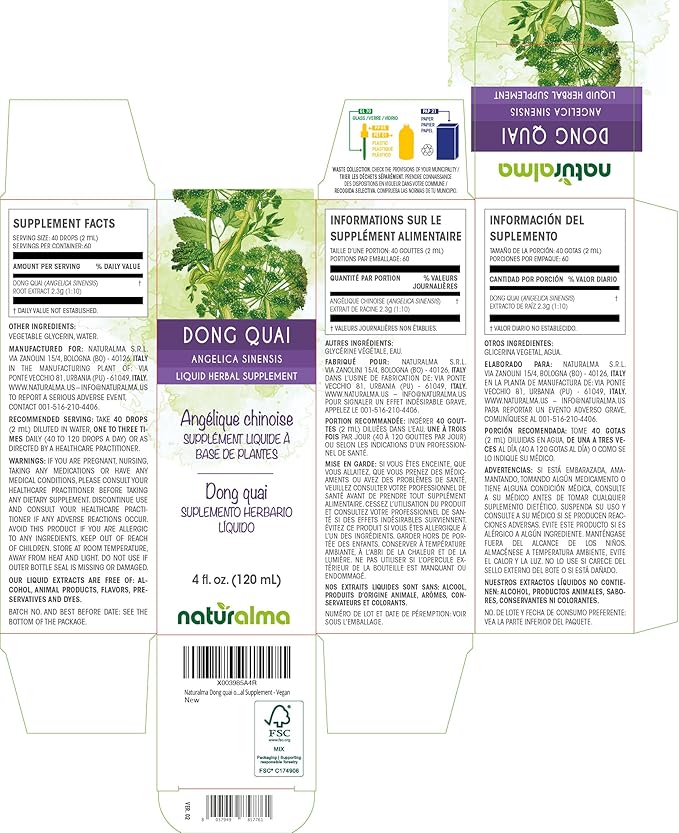 Naturalma Dong quai or Female Ginseng (Angelica sinensis) Root Alcohol-Free Tincture - 4 fl oz Liquid Extract in Drops - Herbal Supplement - Vegan
