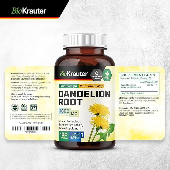 BIO KRAUTER Dandelion Root Capsules - 1800 mg Strength - 100 Count - Dandelion Root Supplement - Vegan Capsules for Liver Support