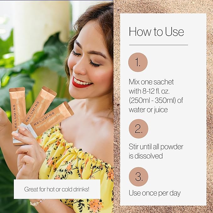 Relumins Marine Collagen Powder Drink Mix - Collagen Peptide with Glutathione, Green Tea, CoQ10, & Hyaluronic Acid Boosts Smooth Glowing Skin - 20 Powder Sachets x Vanilla Flavored + 2 Free Sachets