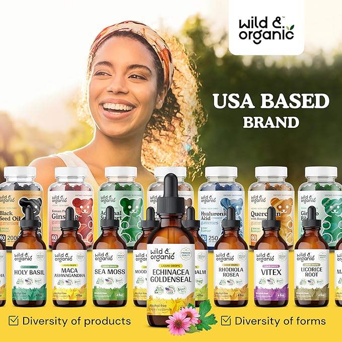 Wild & Organic Echinacea Goldenseal Liquid Drops - Immune Support Supplement w/Goldenseal Echinacea Root Extract - Vegan, Sugar & Alcohol-Free Tincture - 2 fl oz