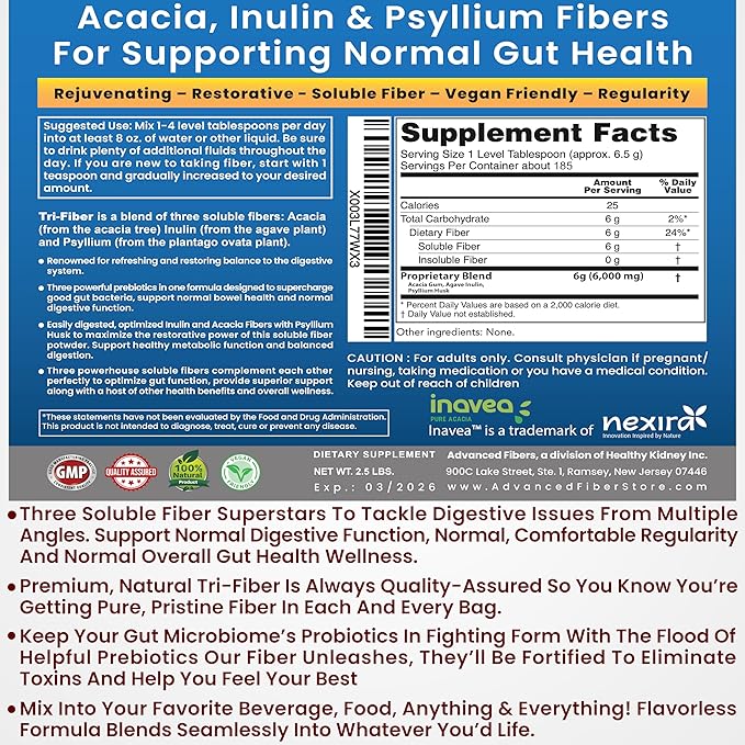 Tri-Fiber Soluble Fiber Powder, Unflavored High Fiber 3-in-1 Soluble Fiber Supplement for Digestive Support. Dietary Fiber 1 lbs (16oz)