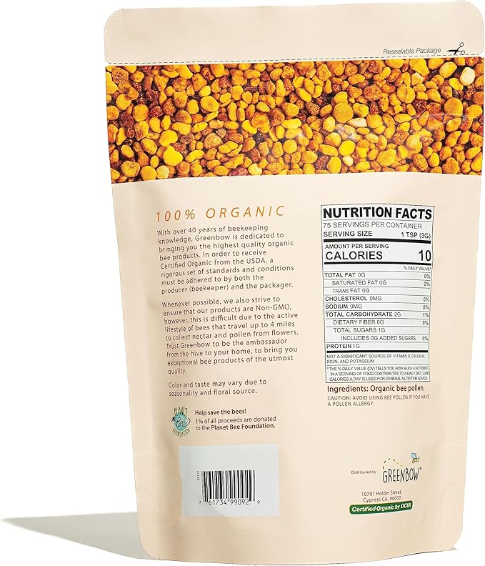 Greenbow Organic Bee Pollen - 100% USDA Certified Organic, Non-GMO, Pure, & Natural Bee Pollen - Superfood Packed w/Proteins, Vitamins & Minerals (8oz)