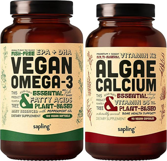 Vegan Omega 3 180 Softgels & Algae Calcium Bundle - Plant Based DHA & EPA Fatty Acids, Calcium Supplement from Red Algae with Vitamin K2 & D3, Magnesium, Zinc, Boron, Mineral Complex