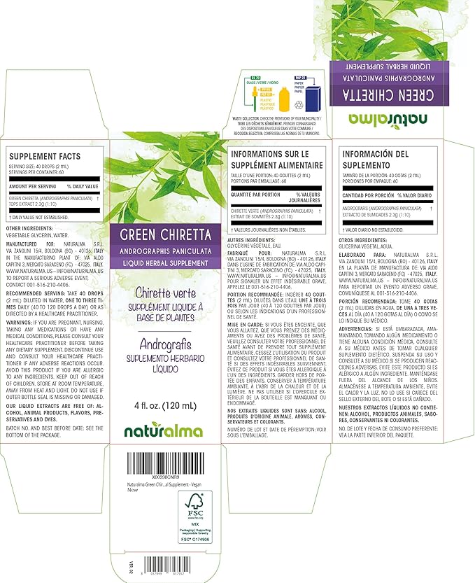 Naturalma Green Chiretta (Andrographis paniculata) Tops Alcohol-Free Tincture - 4 fl oz Liquid Extract in Drops - Herbal Supplement - Vegan