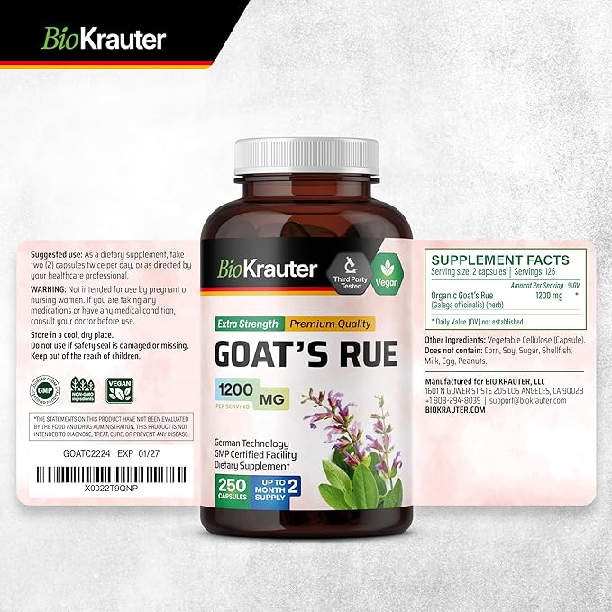 BIO KRAUTER Goats Rue Lactation Support Capsules 1200 mg - 250 Count - Goats Rue Capsules - Natural Breastfeeding Supplements