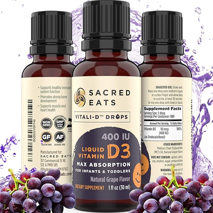 Vitamin D Drops for Infants - 400 IU Per Drop, Natural & Sugar Free in MCT Oil for Best Absorption. 880 Servings. Easy to Take Liquid D3 Supplement for Baby & Toddlers (Grape)