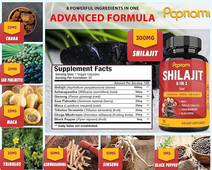 Shilajit Himalayan Capsules - 3 Month Supply - Combined Ashwagandha, Ginseng, Saw Palmetto, Maca, Tribulus, Chaga, Black Pepper