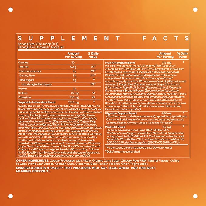 LTH Life Greens - Premium Superfood Powder with Probiotics, Enzymes, Phytonutrients & Fiber from Over 40 Fruits & Vegetables - Supports Antioxidants & Immune Health - Cafe Mocha, 11.75 oz