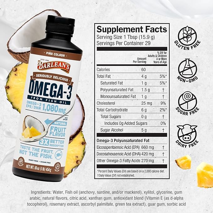 Barlean's Omega 3 Fish Oil Liquid Supplement with Vitamin D, Pina Colada, 1080mg EPA and DHA Fatty Acid, 16 oz