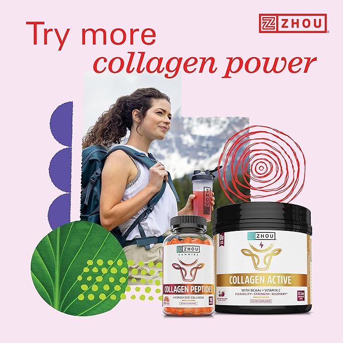 Zhou Collagen Peptides - Pure Hydrolized Collagen Powder for Women & Men, Grass Fed Natural Bovine Collagen for Skin, Hair Growth, Joints & Bones - 18 oz Jar (46 Servings)