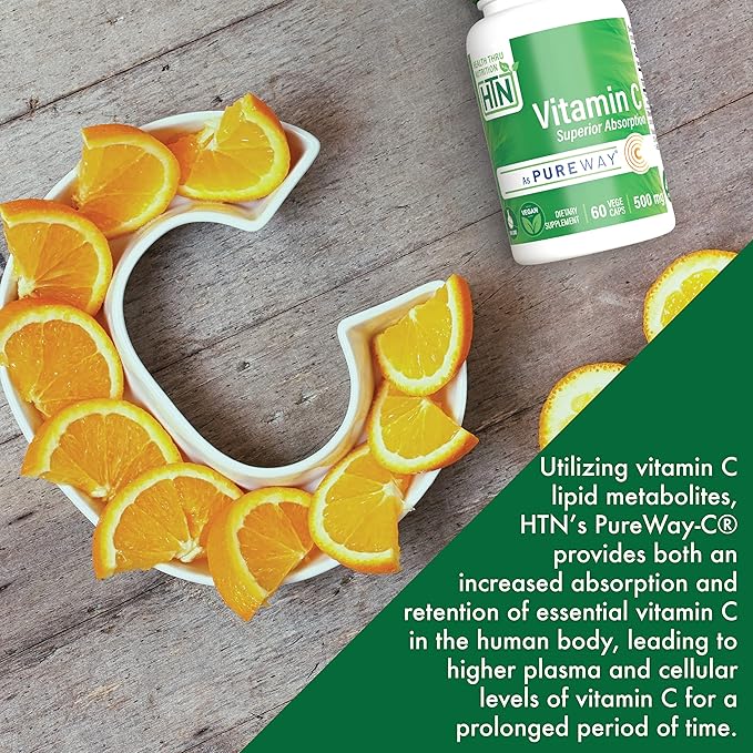 Health Thru Nutrition Vitamin-C 500mg as PureWay-C 360 Vegecaps Superior Absorption | Healthy Immune Function and Collagen Support | 3rd Party Tested | Vegan, Non-GMO and Gluten Free