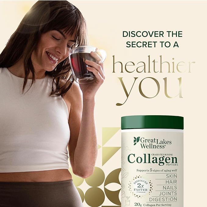 Great Lakes Wellness Collagen Peptides Powder for Skin, Hair, Nails, Joints & Digestion - Vanilla Flavored - Quick Dissolve Hydrolyzed, Non-GMO, Kosher - 10 oz