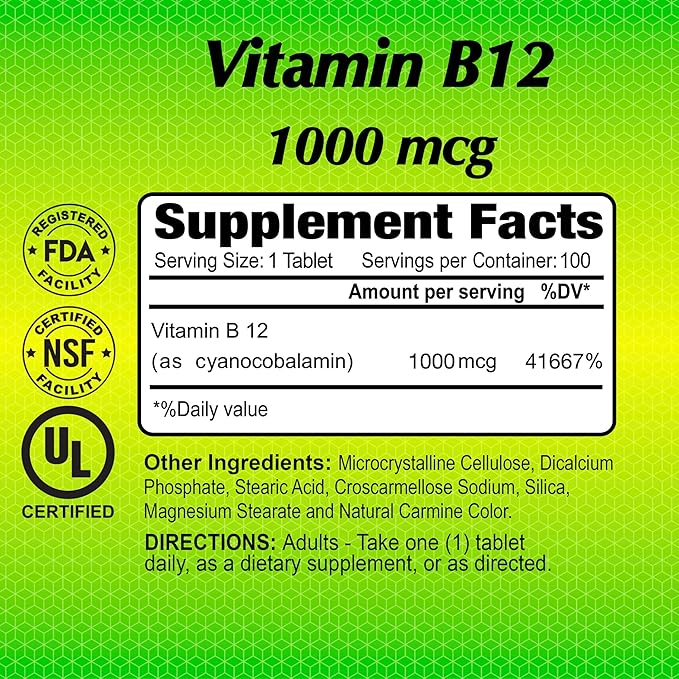ALFA VITAMINS Vitamin B12 1000 Mcg 100 Tablets. Immune System. Nerves and Brain Health. Metabolism