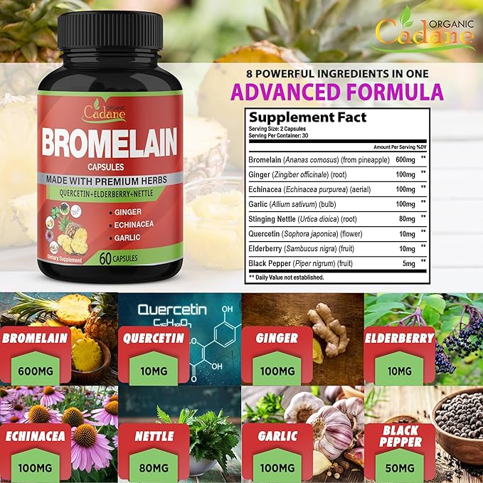 Organic Cadane Bromelain Extract Capsules, 8in1 with Quercetin, Elderberry, Nettle, Ginger, Echinacea, Garlic, Black Pepper - Support Digestion Health & Immune System - 60 Capsules