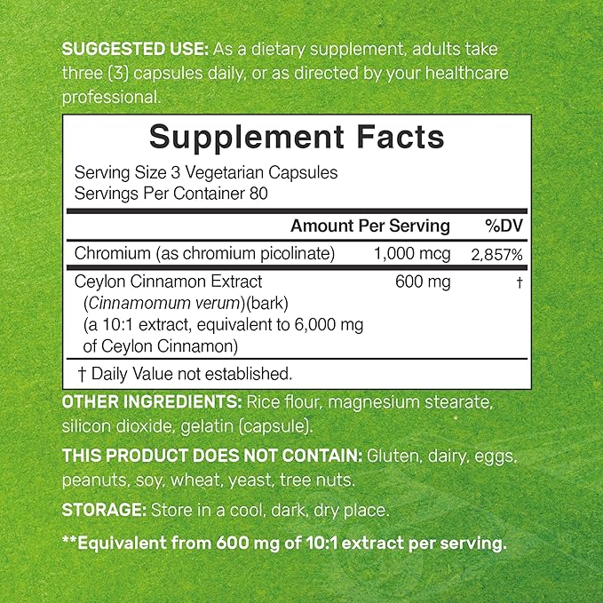 Ceylon Cinnamon 6,000mg with Chromium 1,000mcg Per Serving, 240 Capsules –Active Inner Bark Extract – True Sri Lanka Source – Natural Cinnamon Supplements– Non-GMO