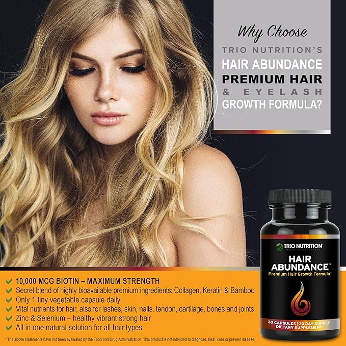 TRIO NUTRITION Hair Abundance | Natural Vitamin Supplement for Hair Growth, Strong Nails and Smooth Skin| Boosted with Collagen, Keratin, Zinc & Selenium | Biotin 10000mcg | 30 Day Supply