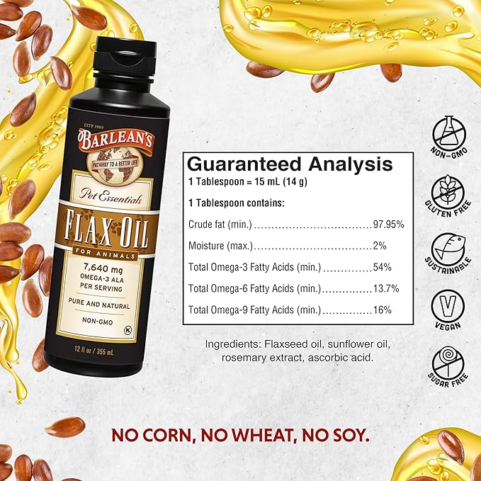 Barlean's Flaxseed Oil for Animals, Pet Essential Liquid Omega 3 Fatty Acids Cat and Dog Oil Supplements for Skin and Coat, Omega 3 for Dogs, Cats and Other Pets, 12 oz