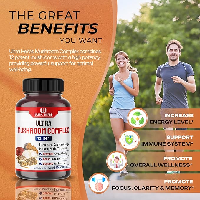 Ultra Mushroom Supplement Complex w Lion's Mane Cordyceps Maitake - 8 in 1 Mushroom Brain Supplements for Enhanced Clarity and Focus | 150 Capsules
