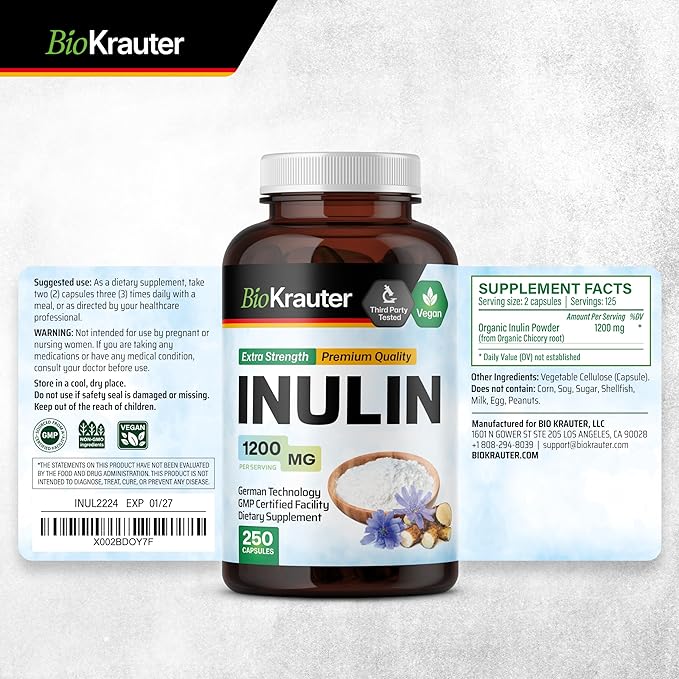 BIO KRAUTER Inulin Powder Capsules - 1200 mg Strength - 250 Count - Pure Soluble Fiber Supplements - Chicory Root Fiber Capsules for Digestive Support - Vegan