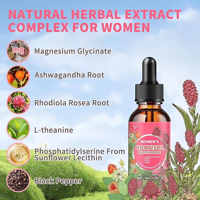 Cortisol Supplements for Women Liquid Drops,Cortisol Manager with Ashwagandha,L-theanine,Phosphatidylserine,Rhodiola Rosea for Mood Support,Adrenal Balance,Sleep,Vegan,Natural Flavor,2 Fl Oz