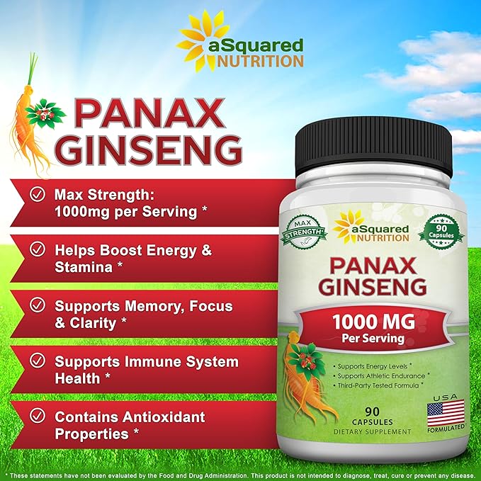 aSquared Nutrition Natural Korean Panax Ginseng (1000mg Max Strength)-90 Capsules Root Extract Complex (Red & White), High Dosage Ginsenosides in Seeds, Asian Powder Supplement,Tablet Pills for Energy