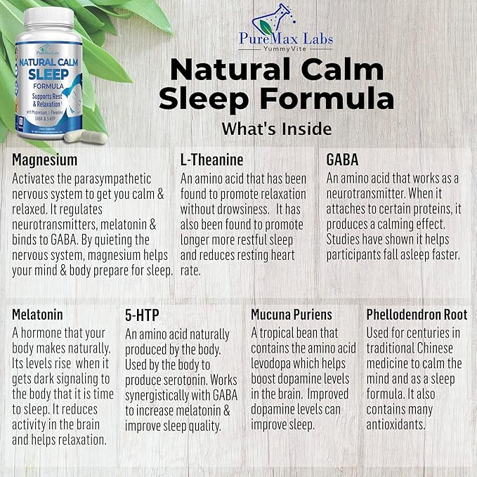 Natural Calm Sleep Aid with Magnesium, L-Theanine, Melatonin, GABA, 5-Htp | Sleep Aid | Non-GMO - 60 Capsules