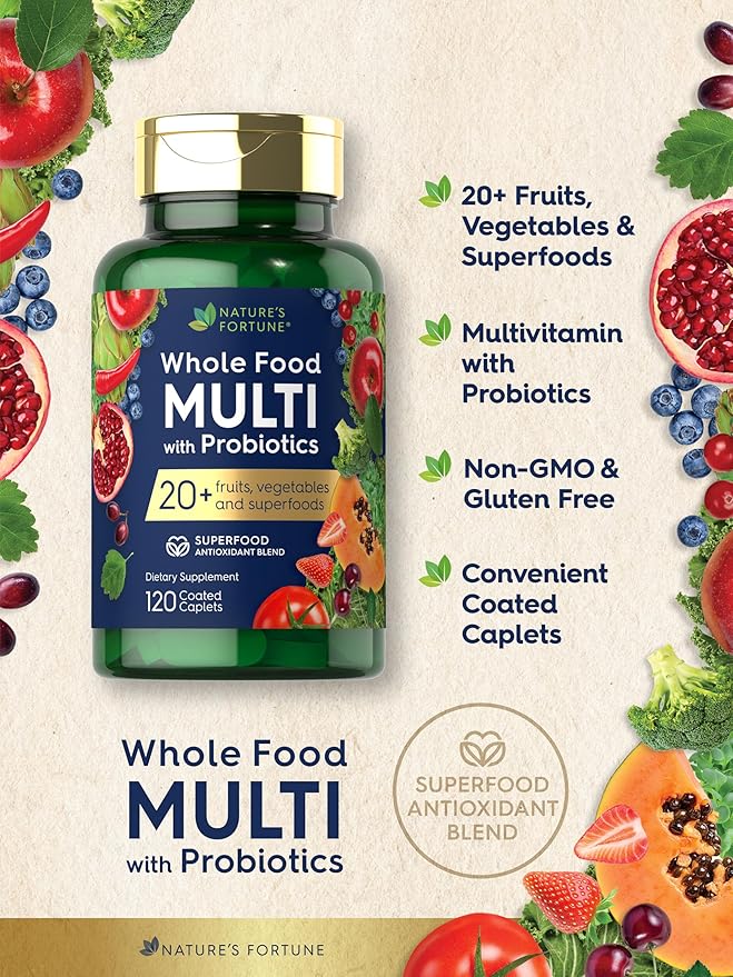 Nature's Fortune Whole Food Multivitamin with Probiotics | 120 Coated Caplets | Made with 20 Fruits and Vegetables | Non-GMO & Gluten Free Supplement