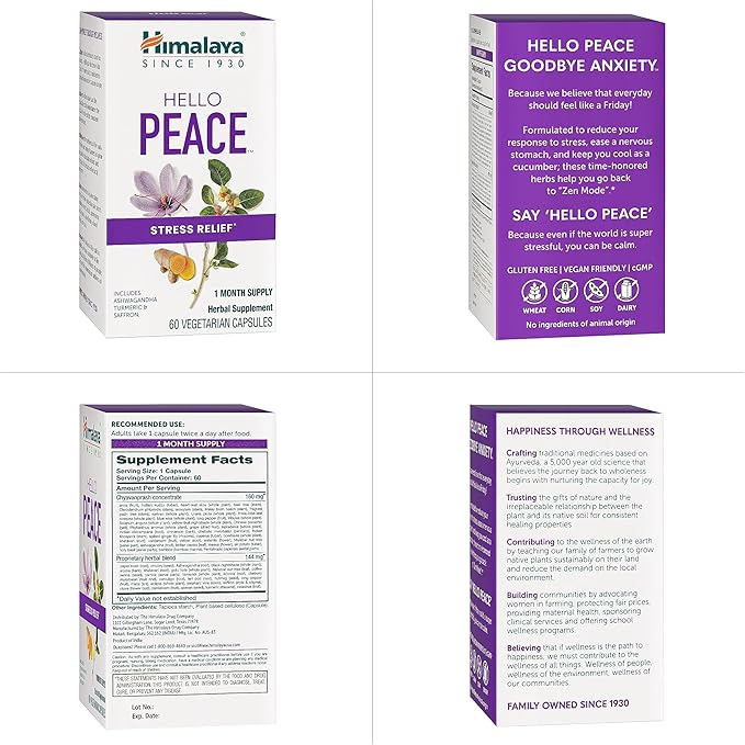 Himalaya Hello Peace, Daily Stress Relief Herbal Supplement, Ashwagandha, Turmeric, Saffron, Eases Nervousness, Relaxation and Calm, Balances Cortisol, Non-GMO, Vegan, 60 Capsules, 30 Day Supply